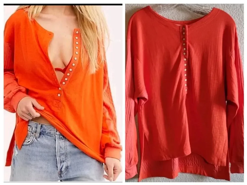 We The Free Back At It Oversize Linen Blend Henley Thick Pullover Orange Top XS